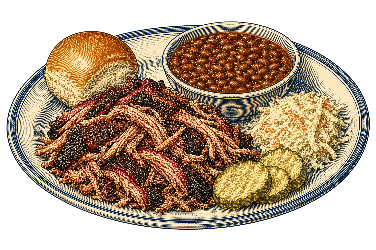 Engraved barbecue plate with smoked pork, baked beans, coleslaw, pickles, and a roll