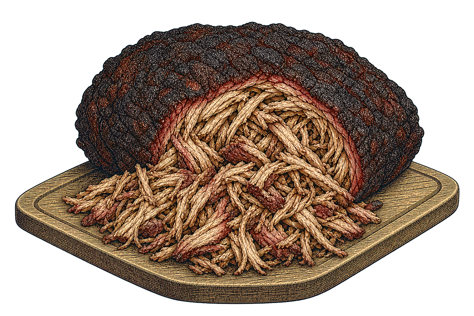 Engraved whole smoked pork butt opened and pulled