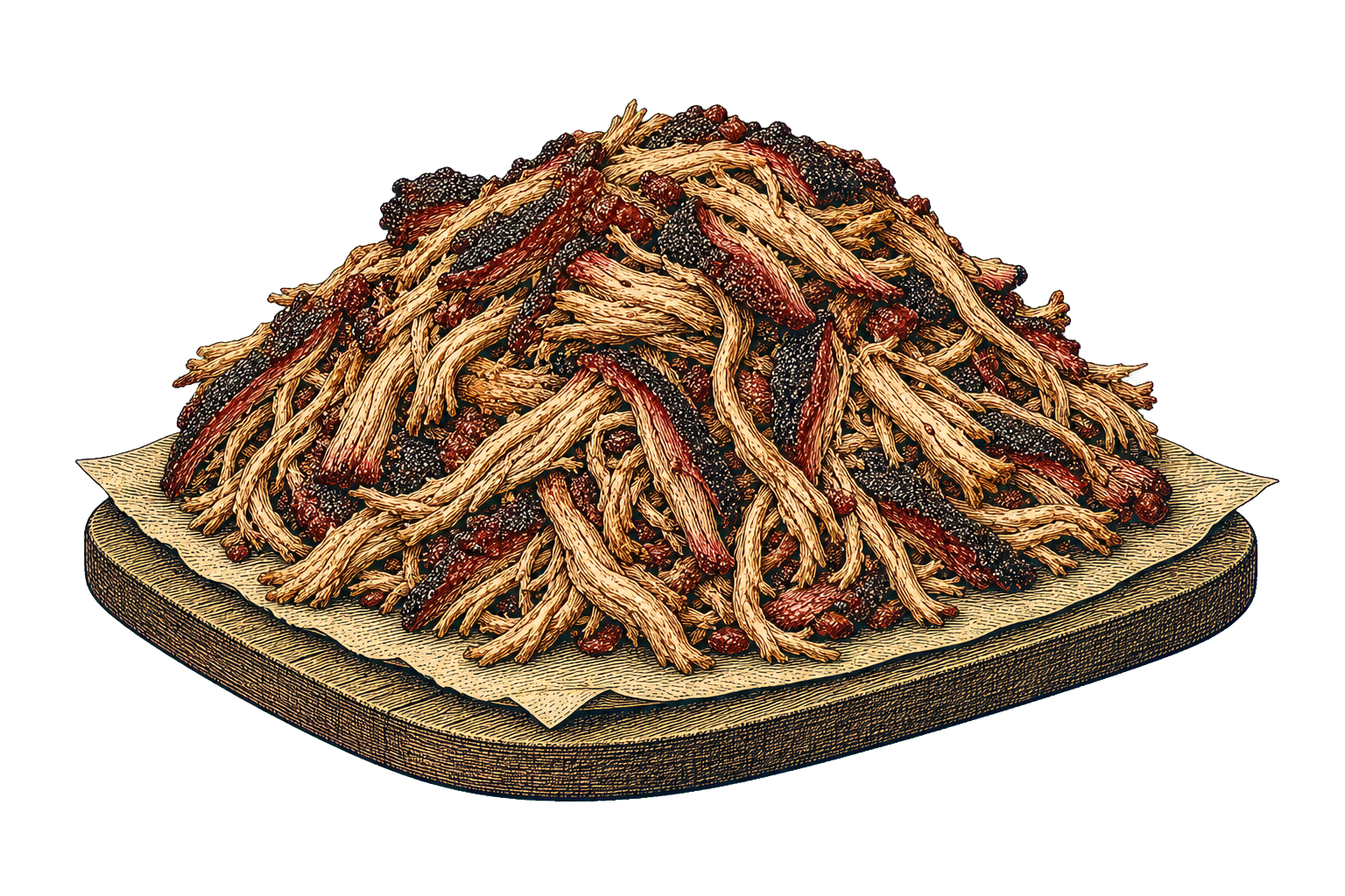 Engraved mound of smoked pulled pork