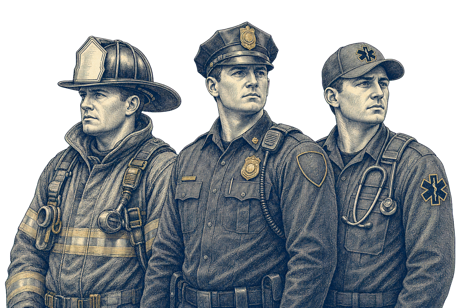 Intaglio engraving of a firefighter, police officer, and emergency medical responder