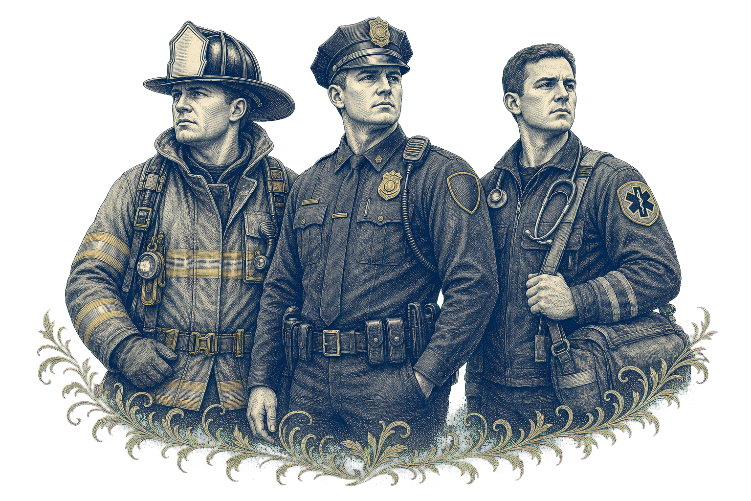 Intaglio engraving of a firefighter, police officer, and emergency medical responder